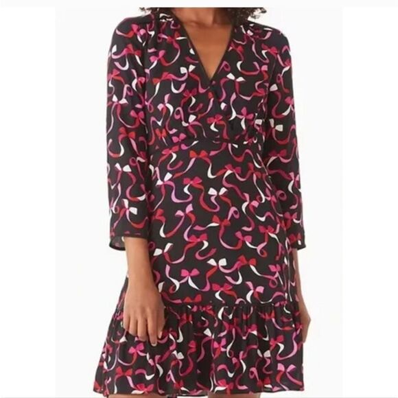 Kate Spade Black with Pink & Red Ribbon Bow Print Georgette A-Line Dress  2 New - Picture 1 of 8